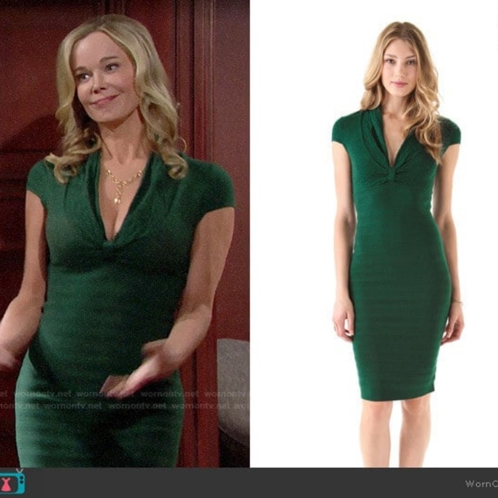 Catherine Malandrino Green Wool Midi Dress M Deep V Pointelle Dark Green Wool